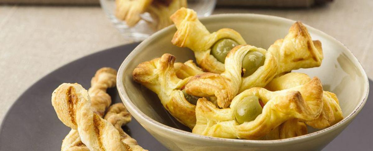 Saltwater taffy snack with olives