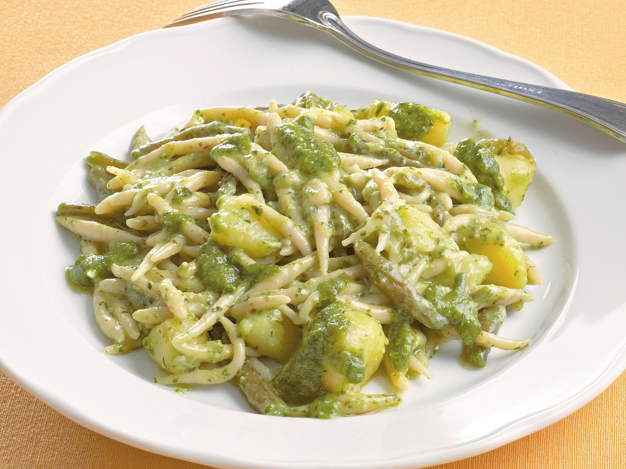 Trofie pasta with potatoes green beans and pesto