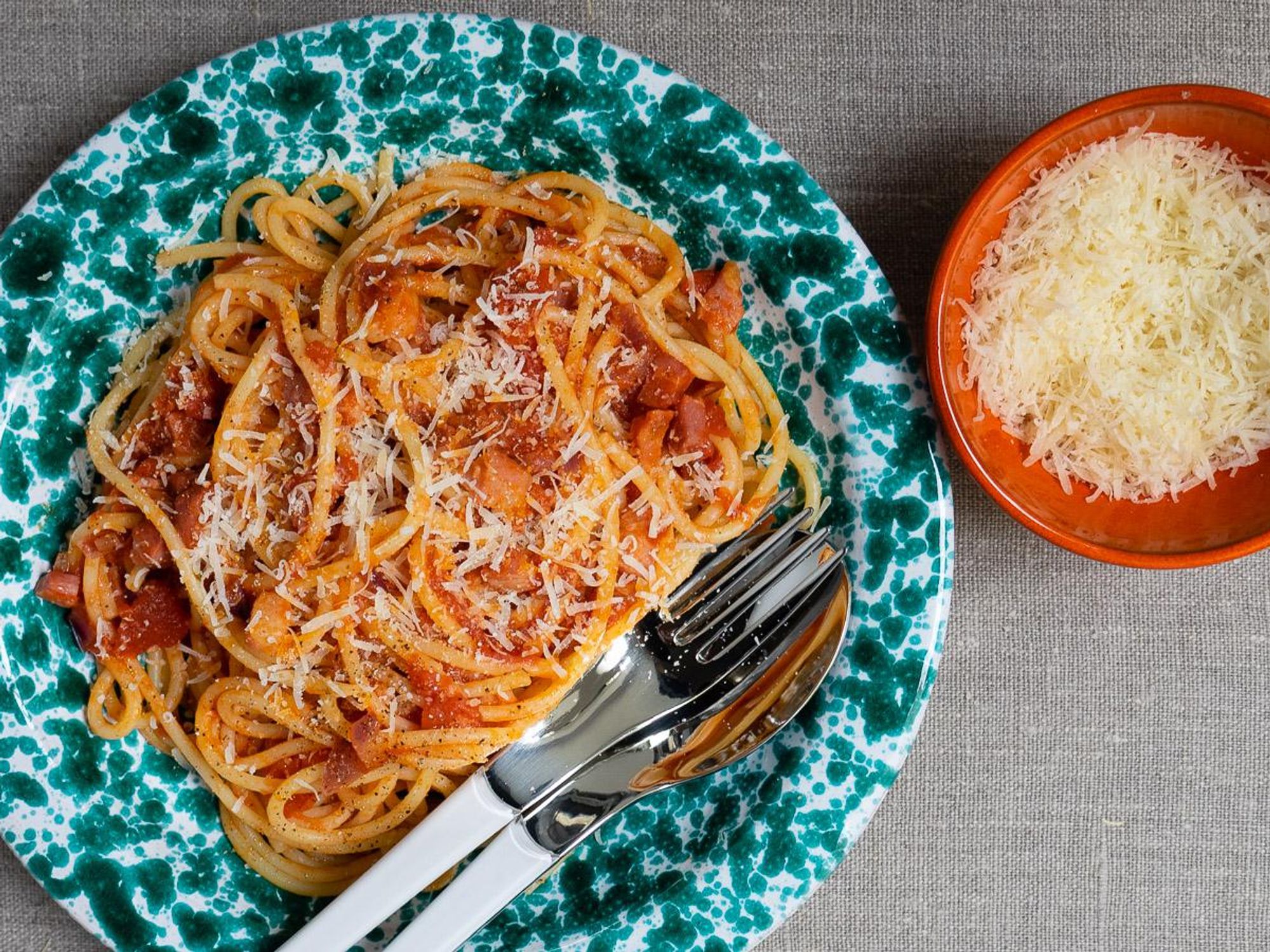Spaghetti with Tomatoes, Guanciale and Onion