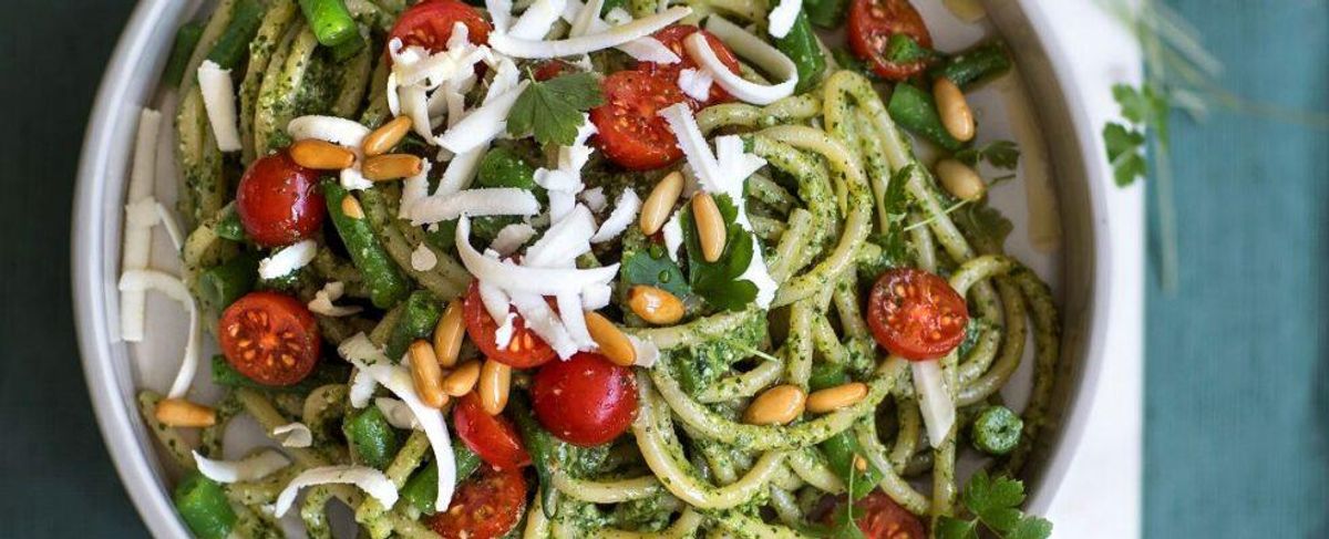 Pasta with mint pesto and salted ricotta