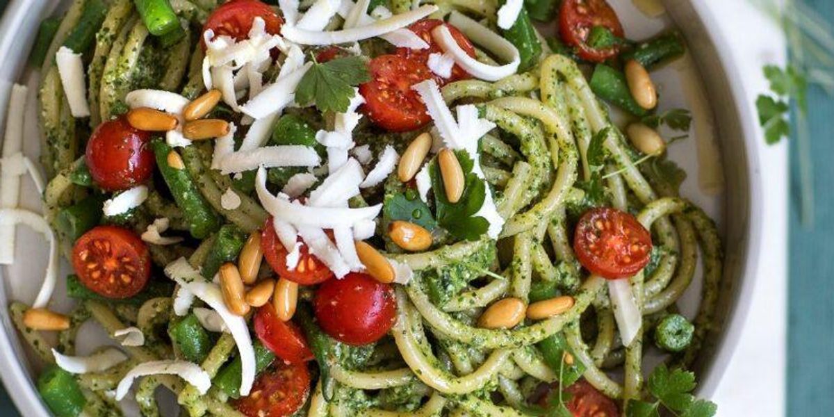 Pasta with mint pesto and salted ricotta