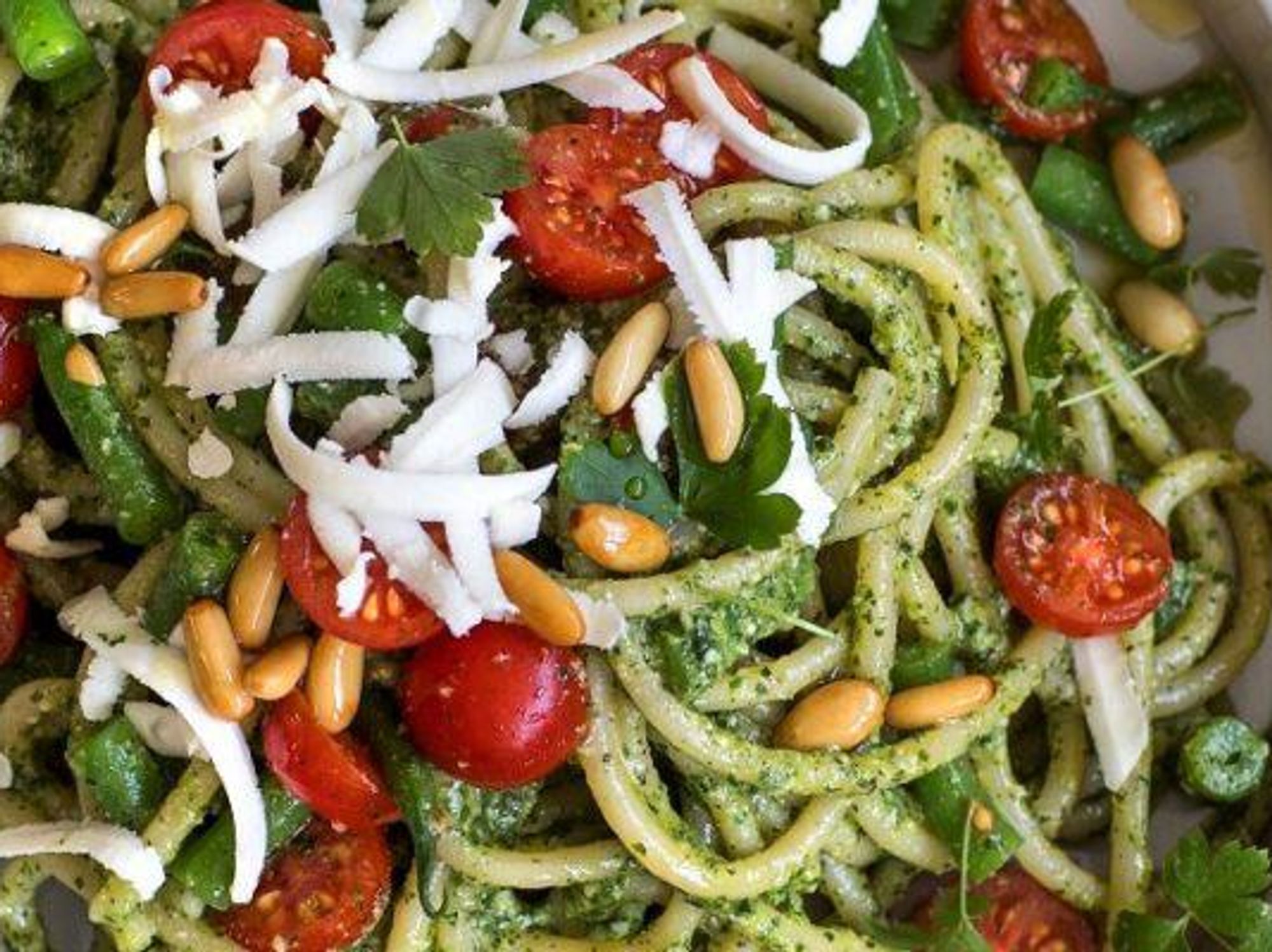 Pasta with mint pesto and salted ricotta