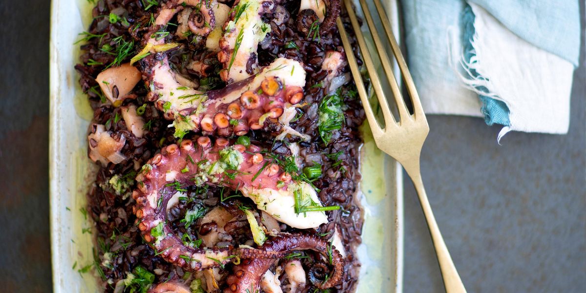 Black risotto with roast octopus and ginger sauce