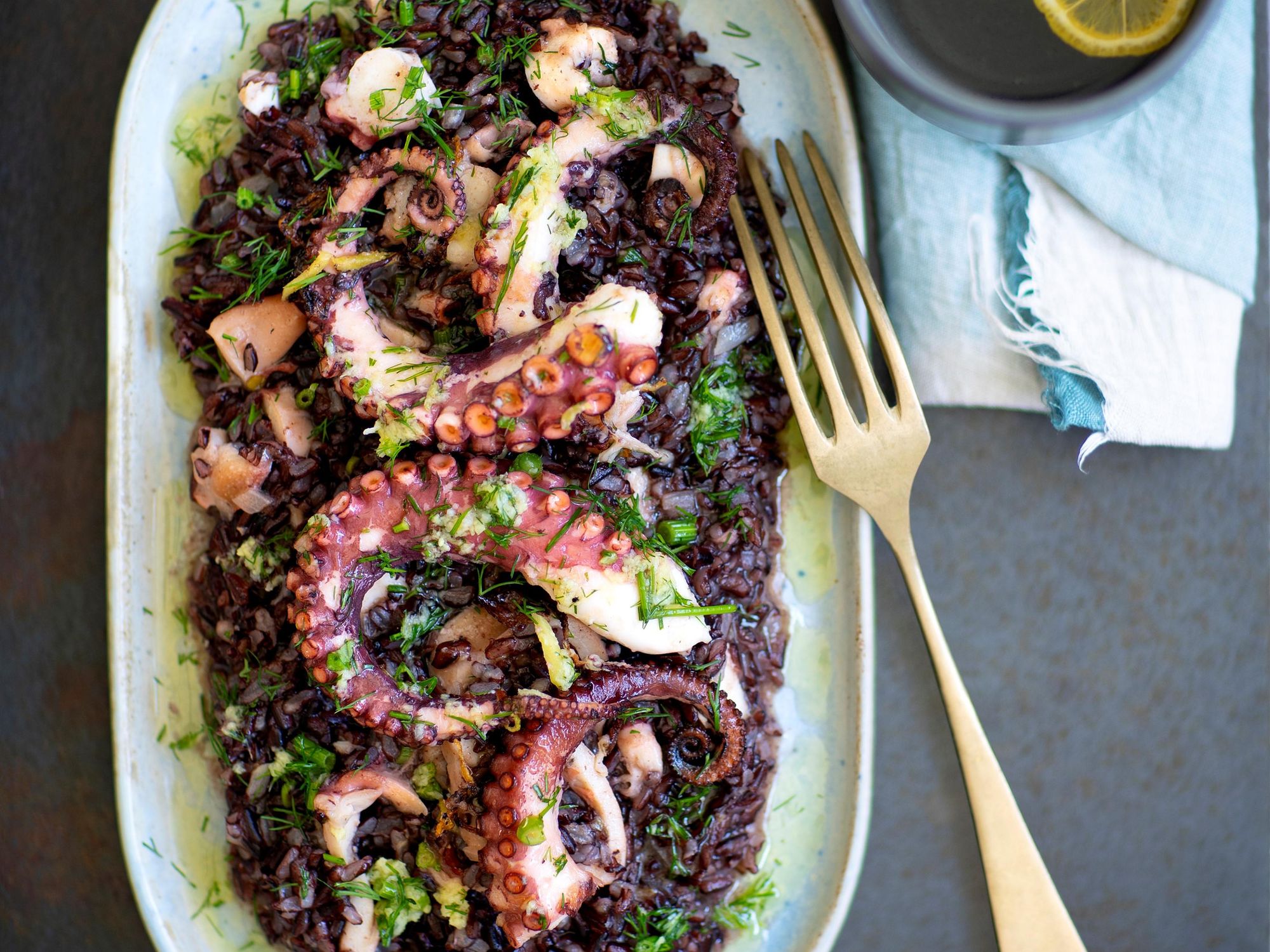Black risotto with roast octopus and ginger sauce