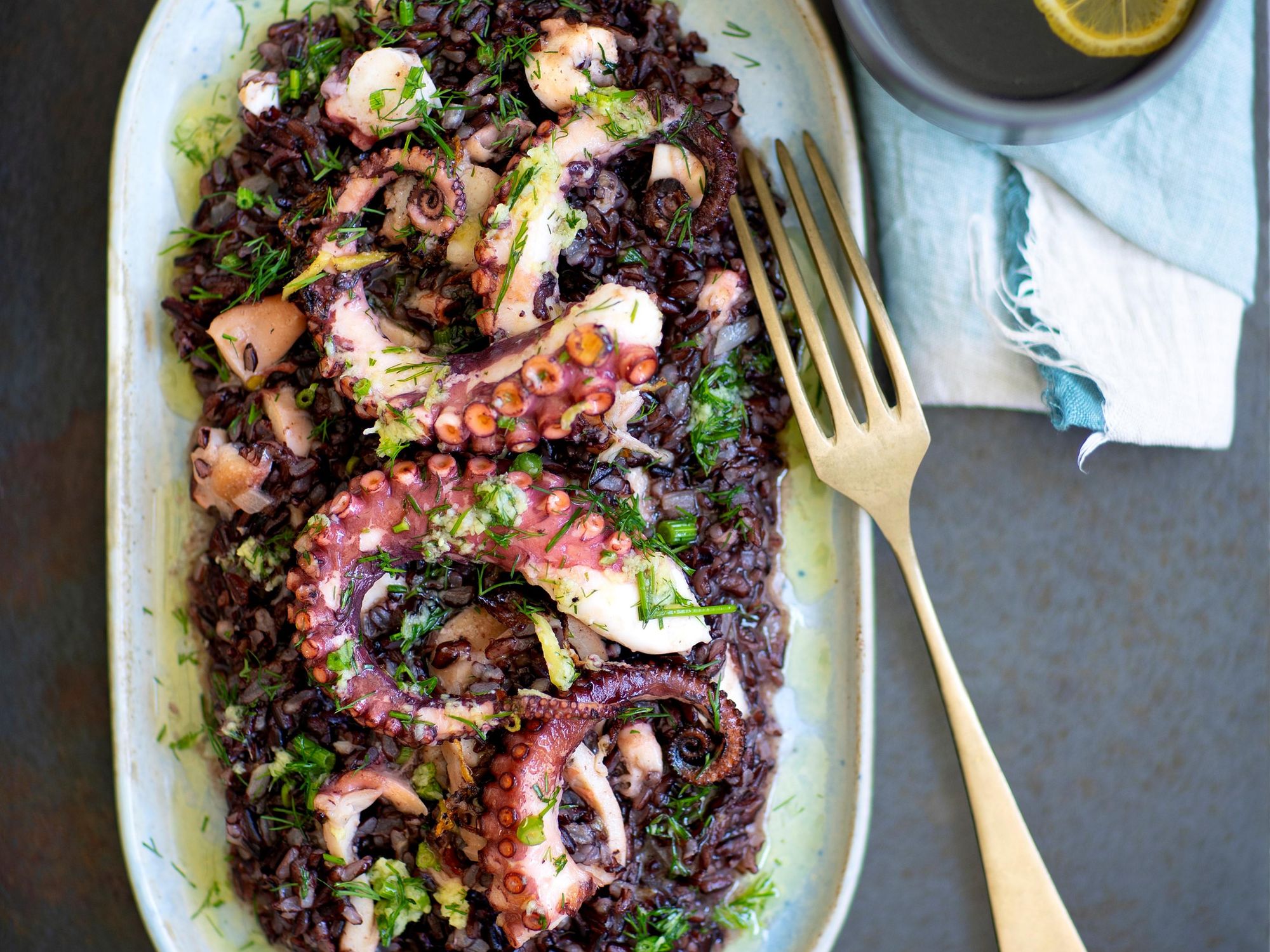 Black risotto with roast octopus and ginger sauce