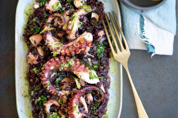 Black risotto with roast octopus and ginger sauce