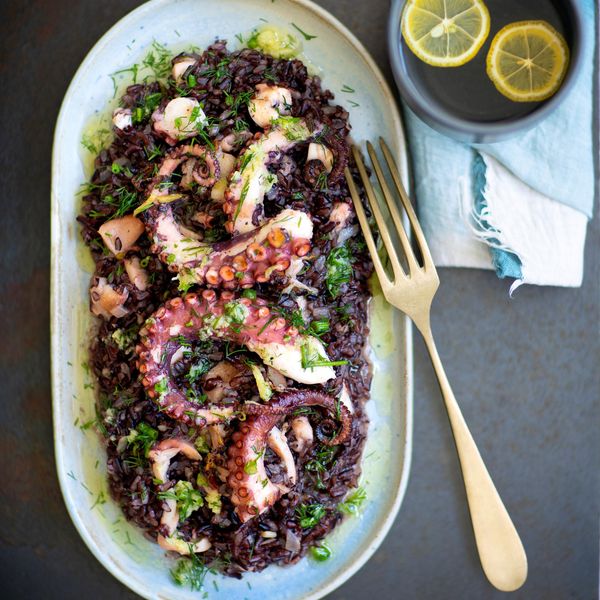 Black risotto with roast octopus and ginger sauce