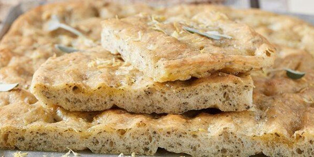 White focaccia with sage, lemon and capers