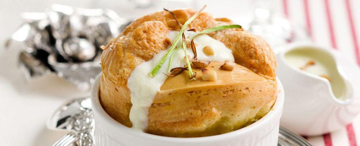 Gorgonzola cheese soufflé with leek cream