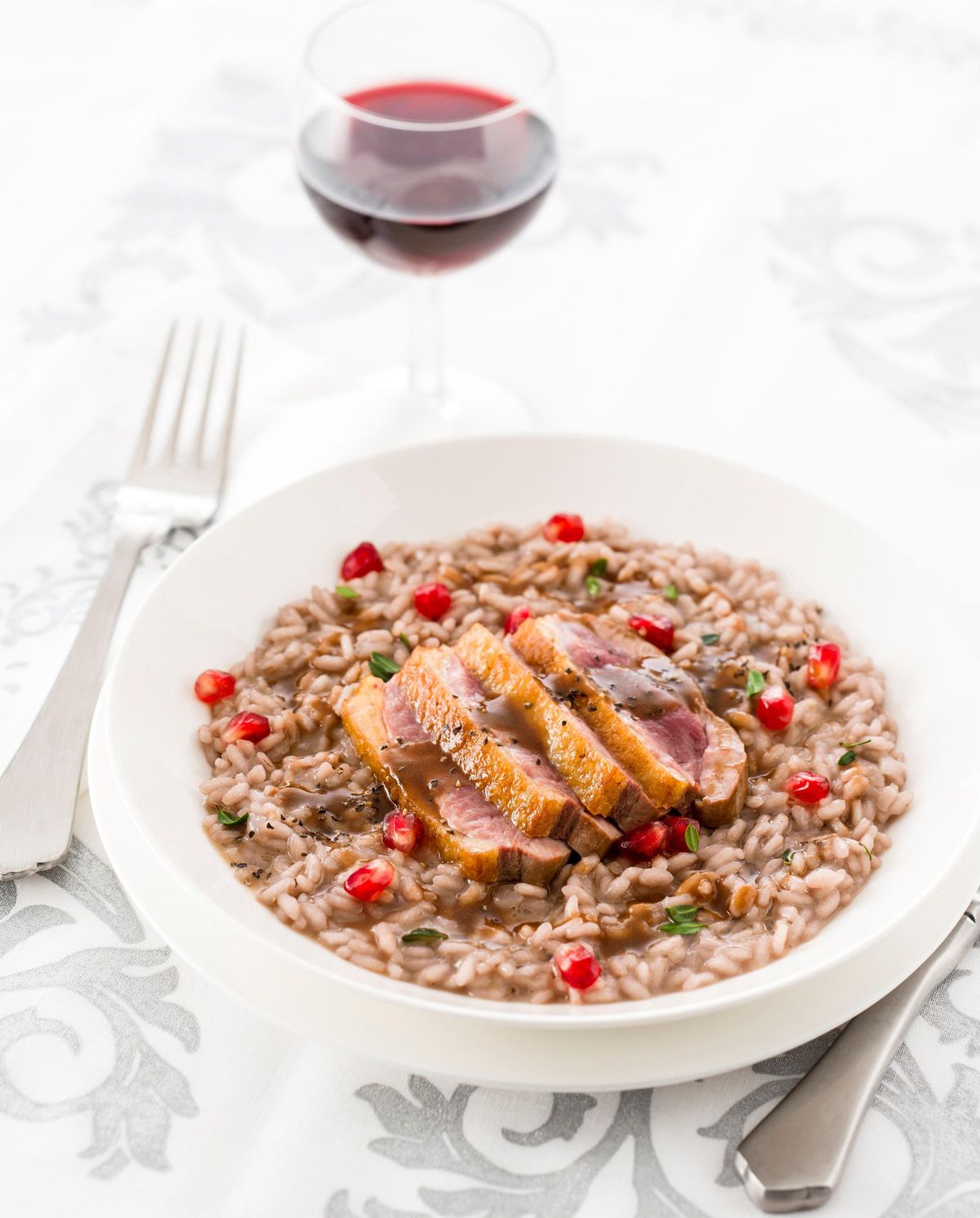 Risotto with duck breast, pomegranate, and port wine