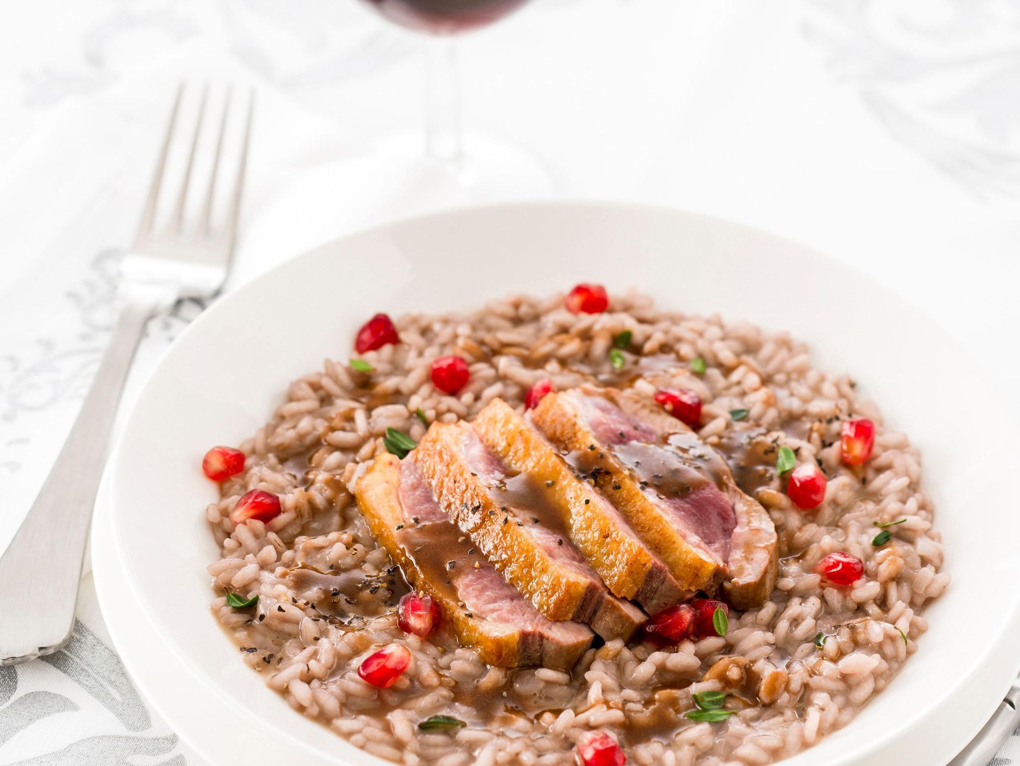 Risotto with duck breast, pomegranate, and port wine