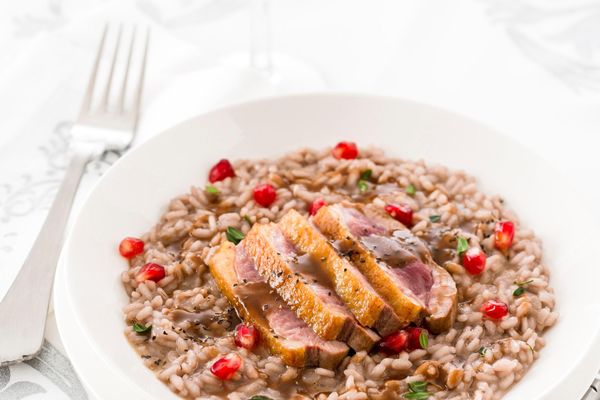Risotto with duck breast, pomegranate, and port wine