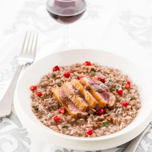 Risotto with duck breast, pomegranate, and port wine