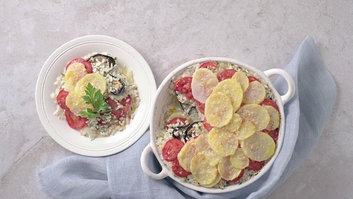 Mussel, Potato and Rice Tiella Casserole